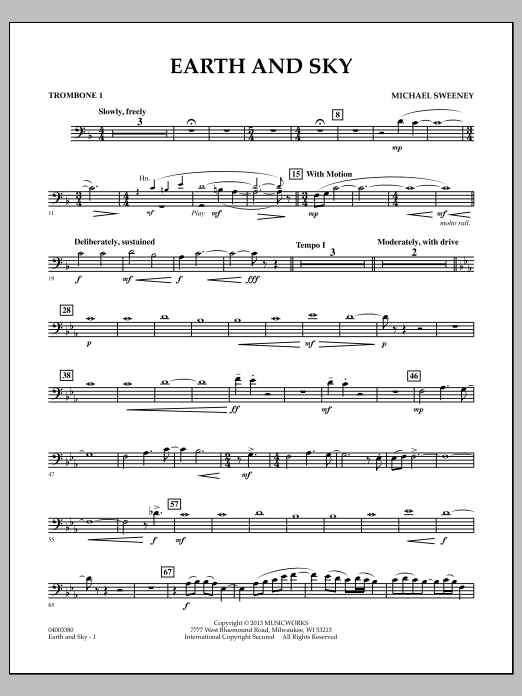 Learn to play Michael Sweeney Earth and Sky - Trombone 1 sheet music for Concert Band in minutes. Michael Sweeney Earth and Sky - Trombone 1 sheet music notes and chords