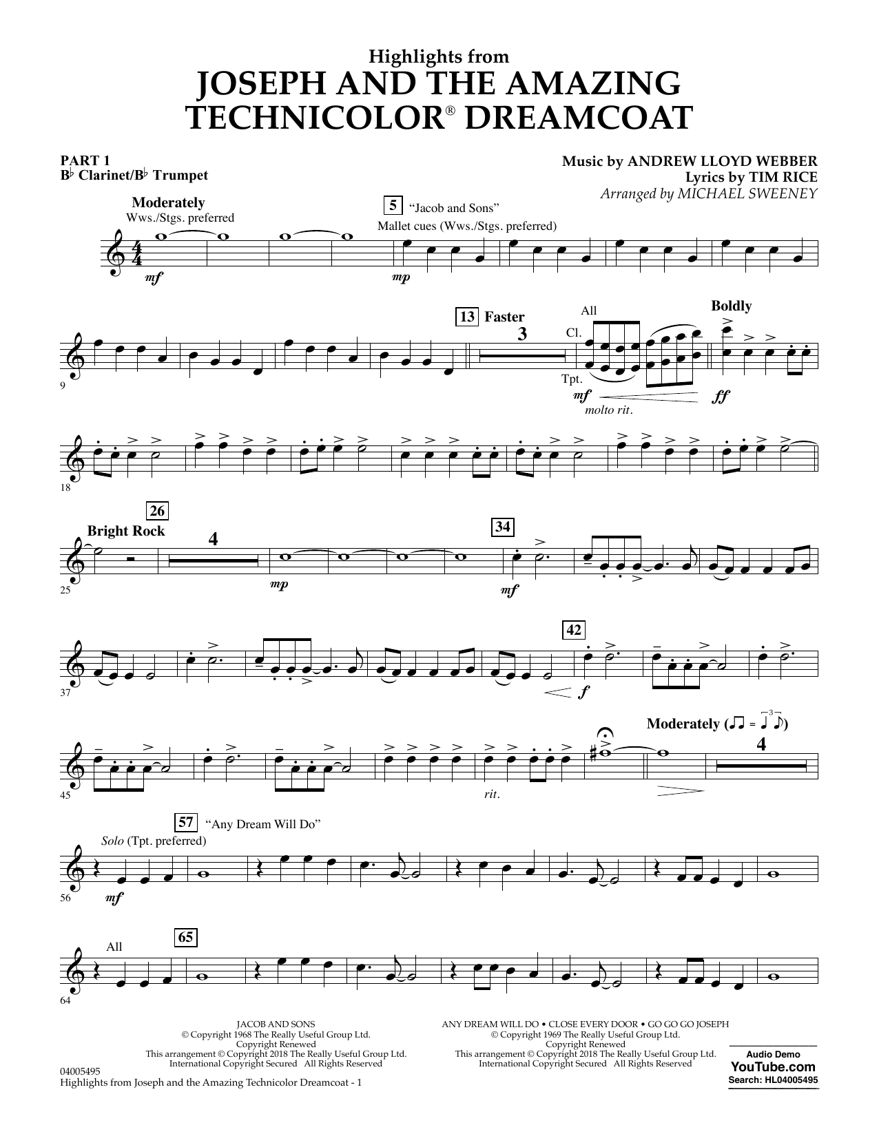 Learn to play Michael Sweeney Highlights from Joseph and the Amazing Technicolor Dreamcoat - Pt.1 - Bb Clarinet/Bb Trumpet sheet music for Concert Band: Flex-Band in minutes. Michael Sweeney Highlights from Joseph and the Amazing Technicolor Dreamcoat - Pt.1 - Bb Clarinet/Bb Trumpet sheet music preview music notes and score for Concert Band: Flex-Band including 2 page(s)