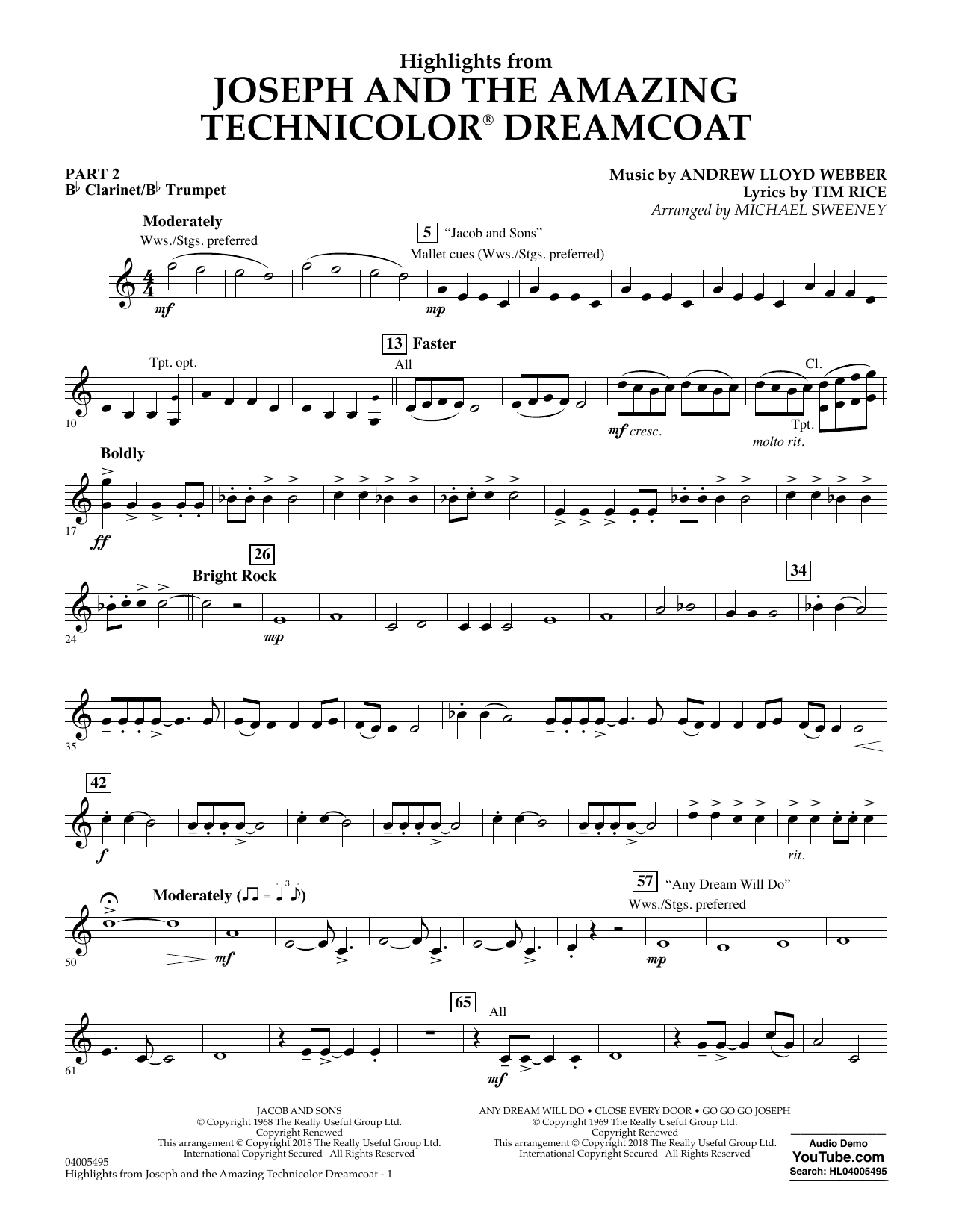 Learn to play Michael Sweeney Highlights from Joseph and the Amazing Technicolor Dreamcoat - Pt.2 - Bb Clarinet/Bb Trumpet sheet music for Concert Band: Flex-Band in minutes. Michael Sweeney Highlights from Joseph and the Amazing Technicolor Dreamcoat - Pt.2 - Bb Clarinet/Bb Trumpet sheet music preview music notes and score for Concert Band: Flex-Band including 2 page(s)