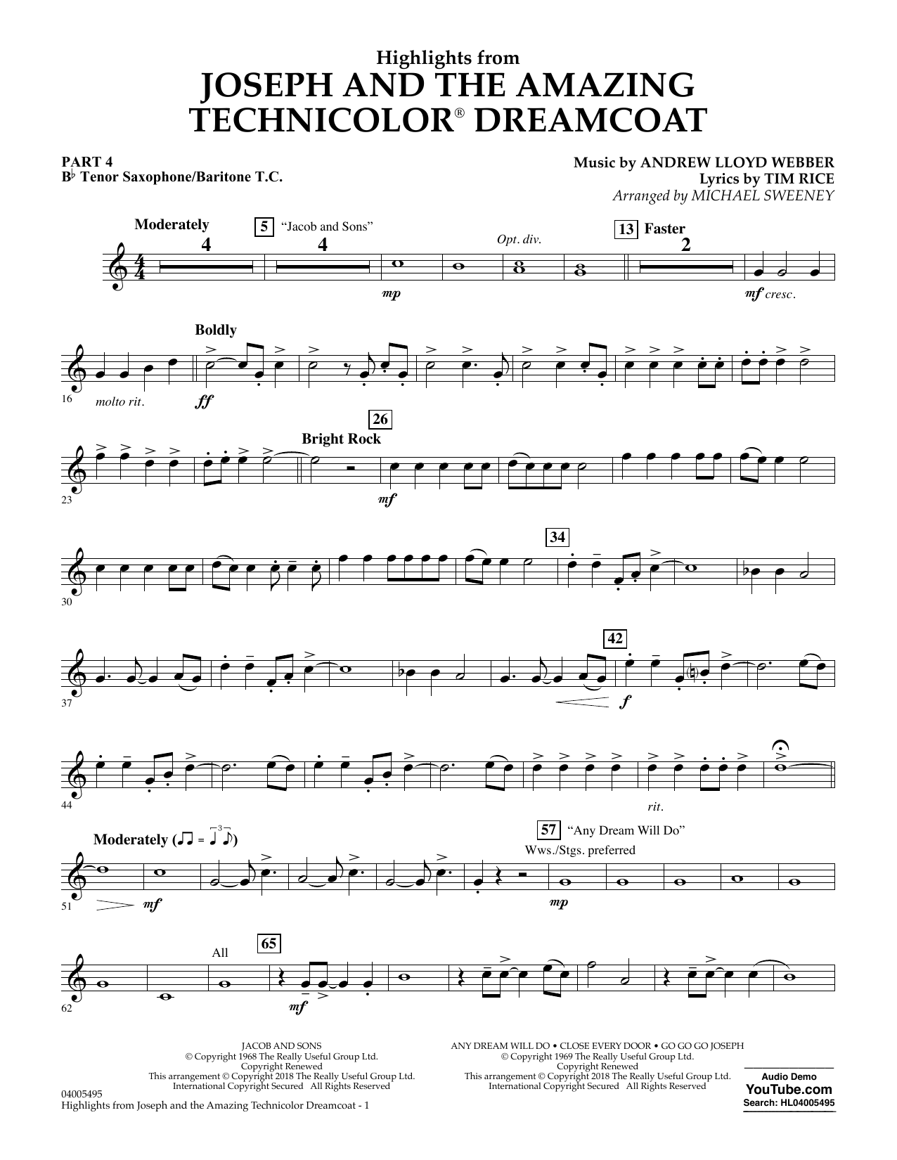 Learn to play Michael Sweeney Highlights from Joseph and the Amazing Technicolor Dreamcoat - Pt.4 - Bb Tenor Sax/Bar. T.C. sheet music for Concert Band: Flex-Band in minutes. Michael Sweeney Highlights from Joseph and the Amazing Technicolor Dreamcoat - Pt.4 - Bb Tenor Sax/Bar. T.C. sheet music preview music notes and score for Concert Band: Flex-Band including 2 page(s)