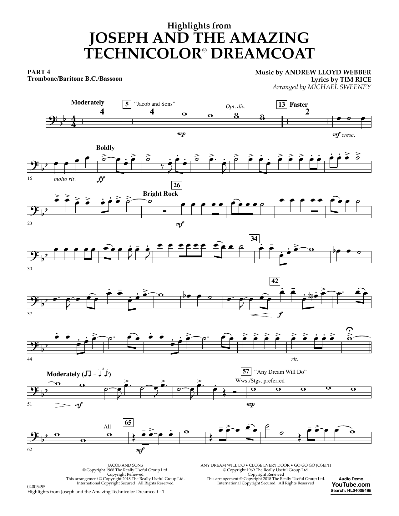 Learn to play Michael Sweeney Highlights from Joseph and the Amazing Technicolor Dreamcoat - Pt.4 - Trombone/Bar. B.C./Bsn. sheet music for Concert Band: Flex-Band in minutes. Michael Sweeney Highlights from Joseph and the Amazing Technicolor Dreamcoat - Pt.4 - Trombone/Bar. B.C./Bsn. sheet music preview music notes and score for Concert Band: Flex-Band including 2 page(s)