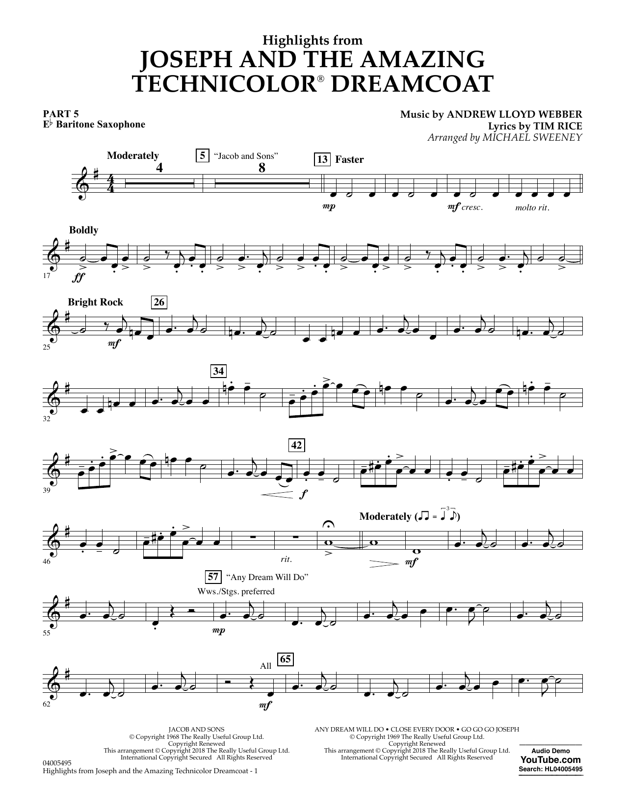 Learn to play Michael Sweeney Highlights from Joseph and the Amazing Technicolor Dreamcoat - Pt.5 - Eb Baritone Saxophone sheet music for Concert Band: Flex-Band in minutes. Michael Sweeney Highlights from Joseph and the Amazing Technicolor Dreamcoat - Pt.5 - Eb Baritone Saxophone sheet music preview music notes and score for Concert Band: Flex-Band including 2 page(s)