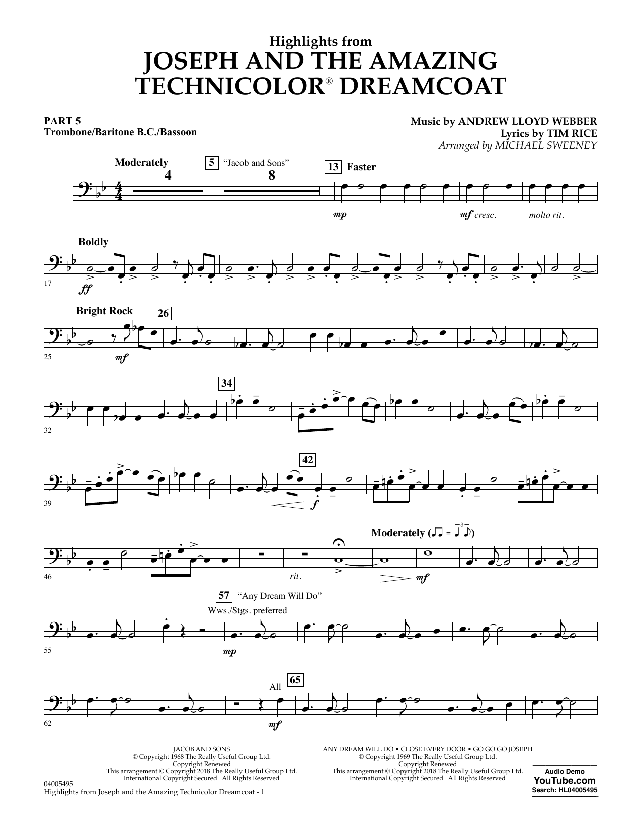 Learn to play Michael Sweeney Highlights from Joseph and the Amazing Technicolor Dreamcoat - Pt.5 - Trombone/Bar. B.C./Bsn. sheet music for Concert Band: Flex-Band in minutes. Michael Sweeney Highlights from Joseph and the Amazing Technicolor Dreamcoat - Pt.5 - Trombone/Bar. B.C./Bsn. sheet music preview music notes and score for Concert Band: Flex-Band including 2 page(s)