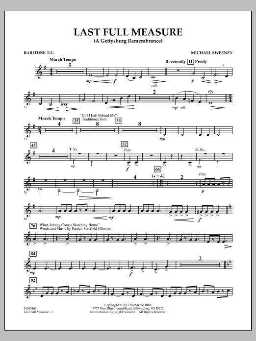 Learn to play Michael Sweeney Last Full Measure (A Gettysburg Remembrance) - Baritone T.C. sheet music for Concert Band in minutes. Michael Sweeney Last Full Measure (A Gettysburg Remembrance) - Baritone T.C. sheet music notes and chords