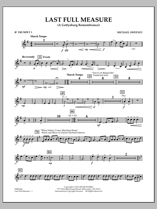 Learn to play Michael Sweeney Last Full Measure (A Gettysburg Remembrance) - Bb Trumpet 1 sheet music for Concert Band in minutes. Michael Sweeney Last Full Measure (A Gettysburg Remembrance) - Bb Trumpet 1 sheet music notes and chords