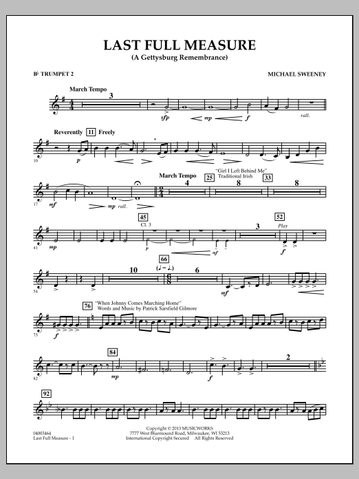 Learn to play Michael Sweeney Last Full Measure (A Gettysburg Remembrance) - Bb Trumpet 2 sheet music for Concert Band in minutes. Michael Sweeney Last Full Measure (A Gettysburg Remembrance) - Bb Trumpet 2 sheet music notes and chords