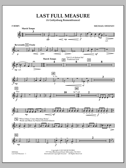 Learn to play Michael Sweeney Last Full Measure (A Gettysburg Remembrance) - F Horn sheet music for Concert Band in minutes. Michael Sweeney Last Full Measure (A Gettysburg Remembrance) - F Horn sheet music notes and chords