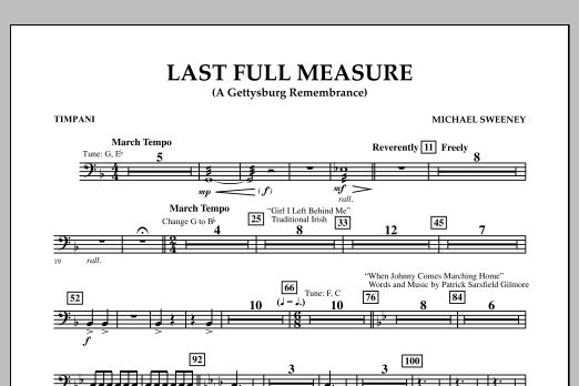 Learn to play Michael Sweeney Last Full Measure (A Gettysburg Remembrance) - Timpani sheet music for Concert Band in minutes. Michael Sweeney Last Full Measure (A Gettysburg Remembrance) - Timpani sheet music notes and chords
