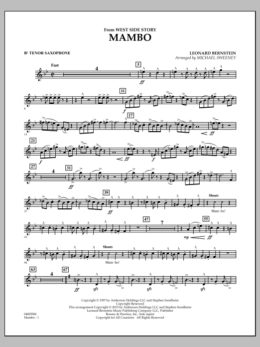 Learn to play Michael Sweeney Mambo (from West Side Story) - Bb Tenor Saxophone sheet music for Concert Band in minutes. Michael Sweeney Mambo (from West Side Story) - Bb Tenor Saxophone sheet music notes and chords