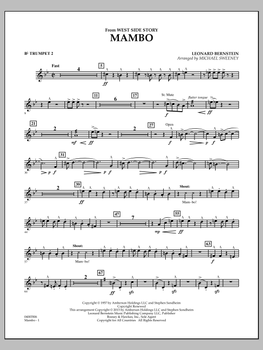 Learn to play Michael Sweeney Mambo (from West Side Story) - Bb Trumpet 2 sheet music for Concert Band in minutes. Michael Sweeney Mambo (from West Side Story) - Bb Trumpet 2 sheet music notes and chords