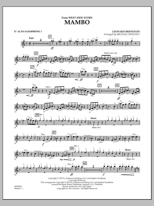 Learn to play Michael Sweeney Mambo (from West Side Story) - Eb Alto Saxophone 1 sheet music for Concert Band in minutes. Michael Sweeney Mambo (from West Side Story) - Eb Alto Saxophone 1 sheet music notes and chords