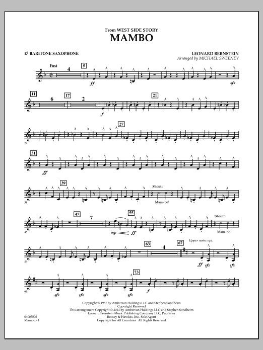 Learn to play Michael Sweeney Mambo (from West Side Story) - Eb Baritone Saxophone sheet music for Concert Band in minutes. Michael Sweeney Mambo (from West Side Story) - Eb Baritone Saxophone sheet music notes and chords