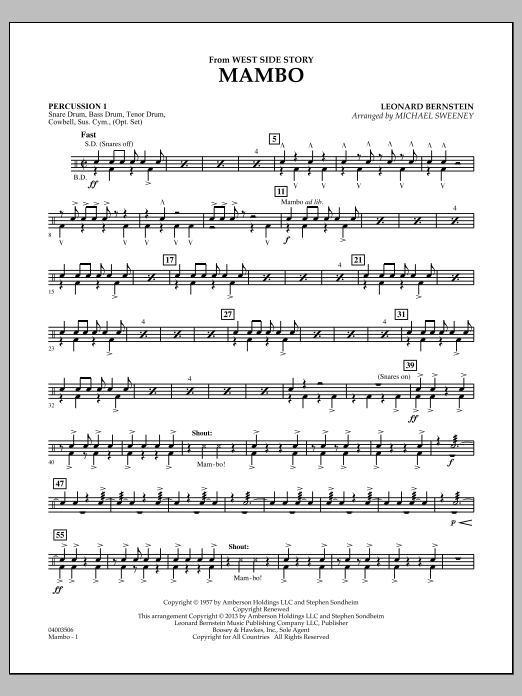 Learn to play Michael Sweeney Mambo (from West Side Story) - Percussion 1 sheet music for Concert Band in minutes. Michael Sweeney Mambo (from West Side Story) - Percussion 1 sheet music notes and chords