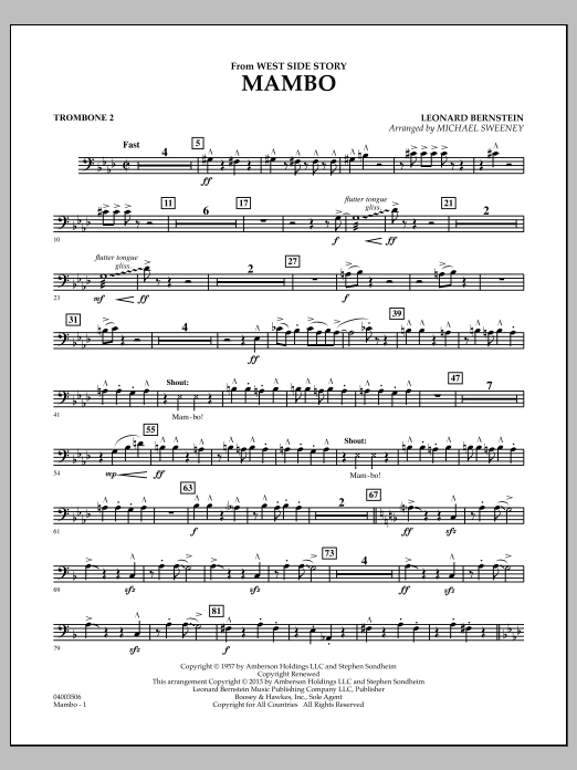 Learn to play Michael Sweeney Mambo (from West Side Story) - Trombone 2 sheet music for Concert Band in minutes. Michael Sweeney Mambo (from West Side Story) - Trombone 2 sheet music notes and chords