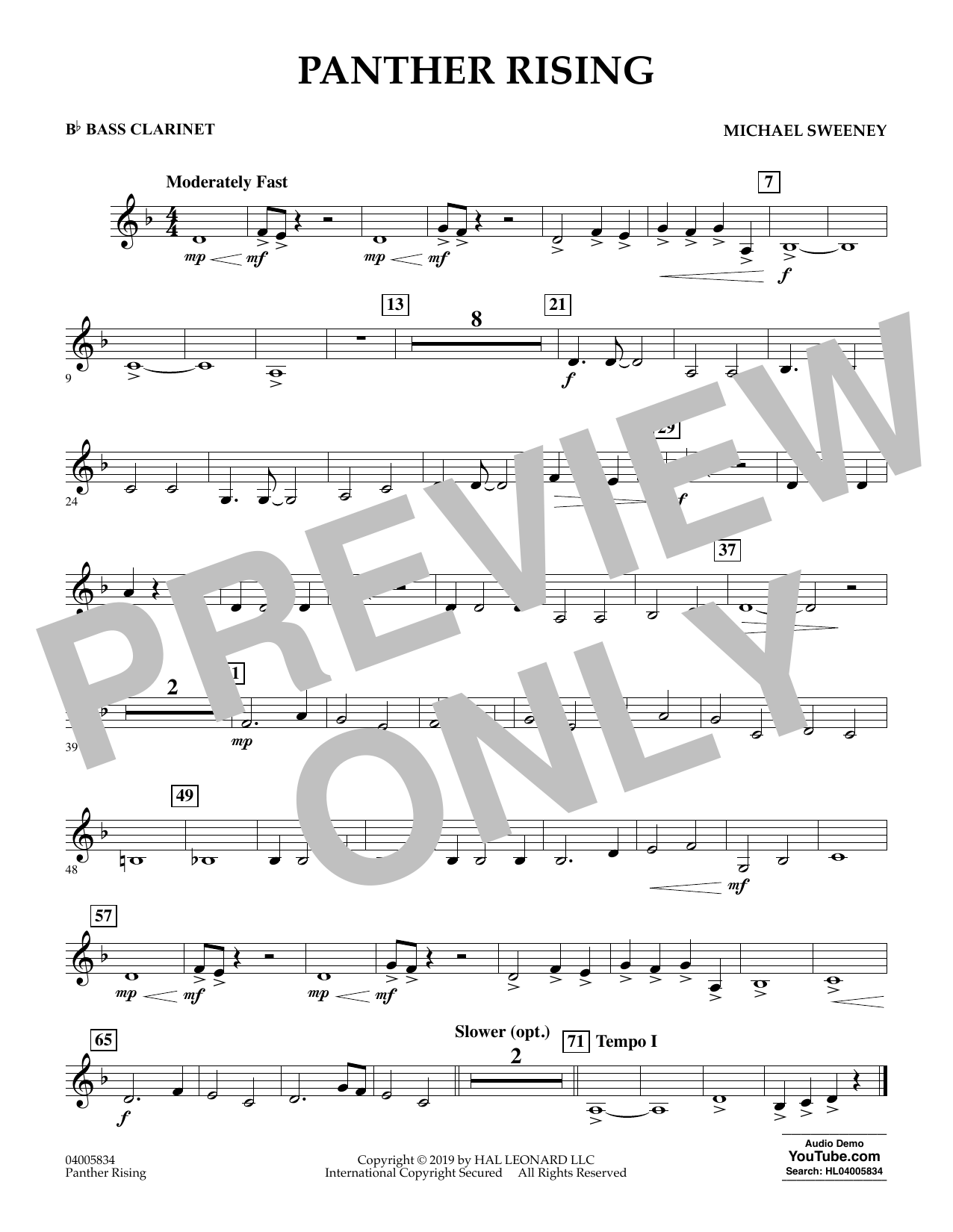 Learn to play Michael Sweeney Panther Rising - Bb Bass Clarinet sheet music for Concert Band in minutes. Michael Sweeney Panther Rising - Bb Bass Clarinet sheet music preview music notes and score for Concert Band including 1 page(s)