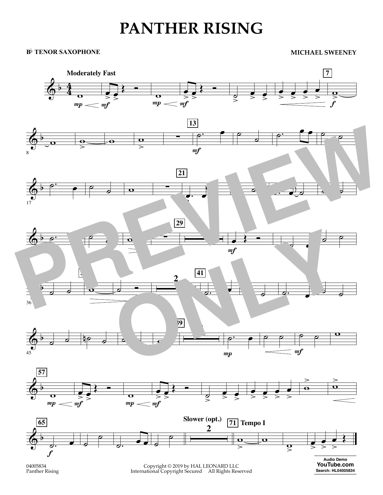 Learn to play Michael Sweeney Panther Rising - Bb Tenor Saxophone sheet music for Concert Band in minutes. Michael Sweeney Panther Rising - Bb Tenor Saxophone sheet music preview music notes and score for Concert Band including 1 page(s)