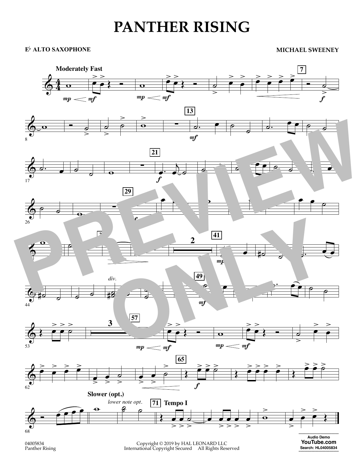 Learn to play Michael Sweeney Panther Rising - Eb Alto Saxophone sheet music for Concert Band in minutes. Michael Sweeney Panther Rising - Eb Alto Saxophone sheet music preview music notes and score for Concert Band including 1 page(s)