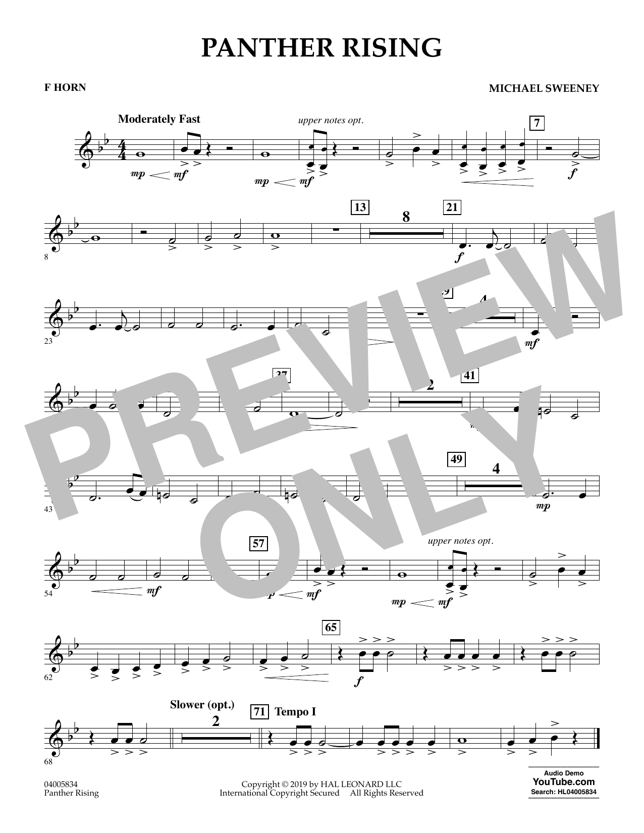 Learn to play Michael Sweeney Panther Rising - F Horn sheet music for Concert Band in minutes. Michael Sweeney Panther Rising - F Horn sheet music preview music notes and score for Concert Band including 1 page(s)