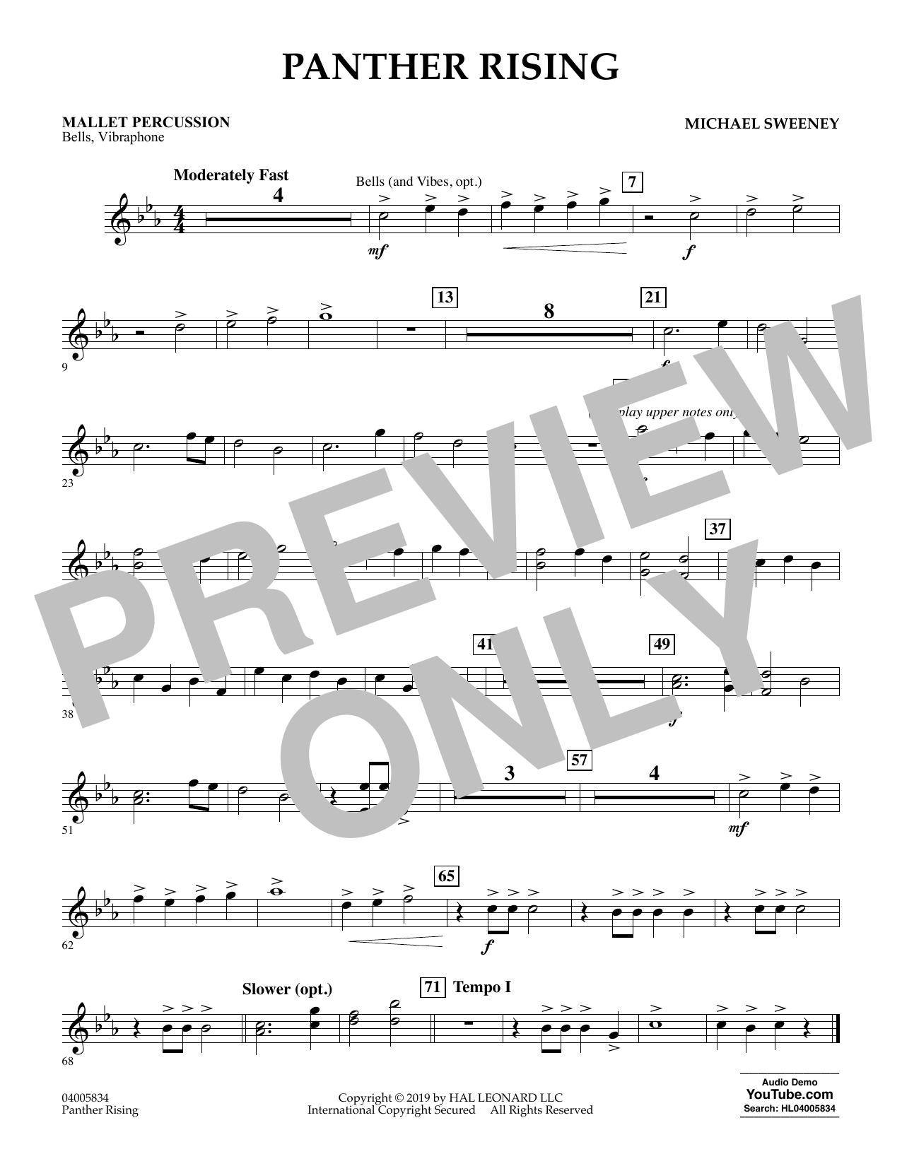 Learn to play Michael Sweeney Panther Rising - Mallet Percussion sheet music for Concert Band in minutes. Michael Sweeney Panther Rising - Mallet Percussion sheet music preview music notes and score for Concert Band including 1 page(s)