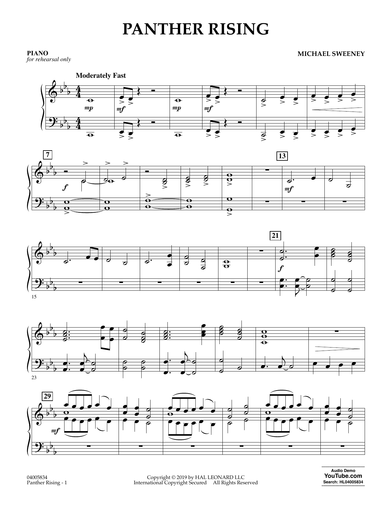 Learn to play Michael Sweeney Panther Rising - Piano sheet music for Concert Band in minutes. Michael Sweeney Panther Rising - Piano sheet music preview music notes and score for Concert Band including 2 page(s)