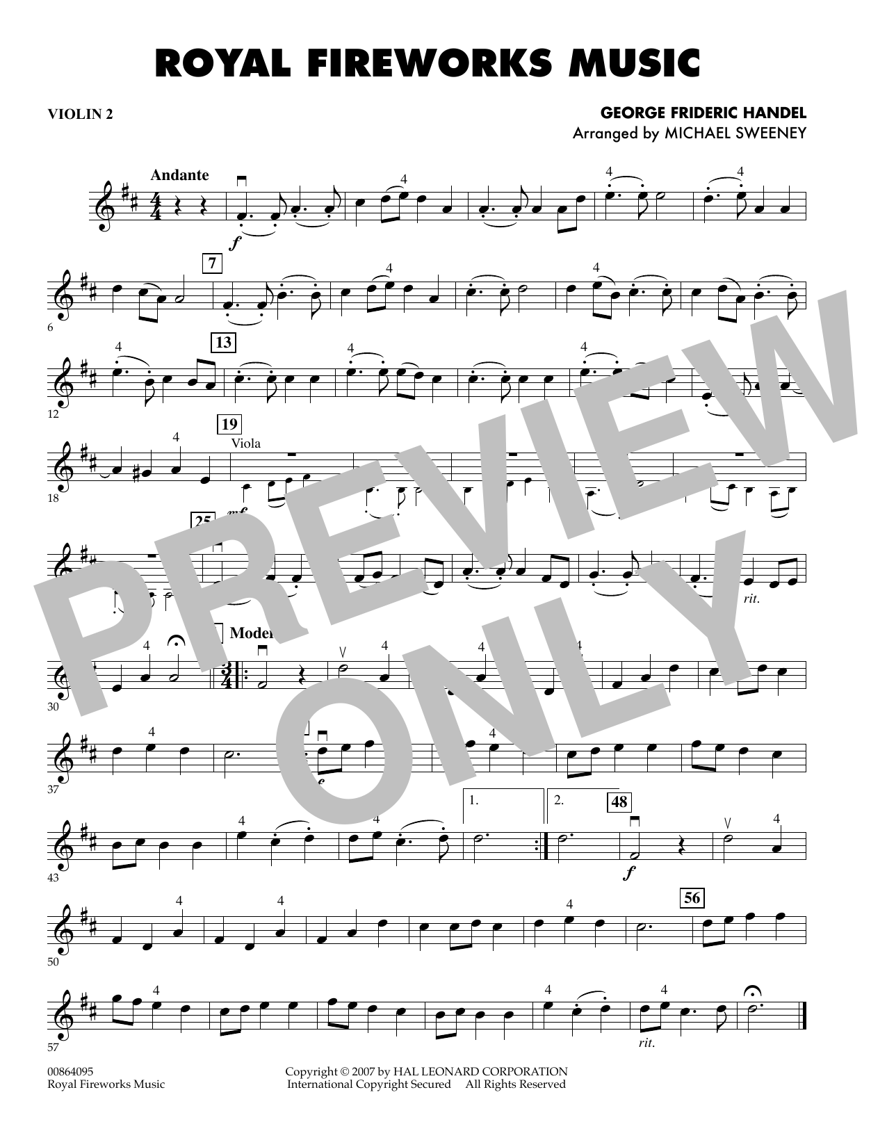 Learn to play Michael Sweeney Royal Fireworks Music - Violin 2 sheet music for Orchestra in minutes. Michael Sweeney Royal Fireworks Music - Violin 2 sheet music preview music notes and score for Orchestra including 1 page(s)