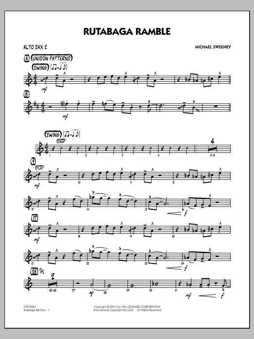 Learn to play Michael Sweeney Rutabaga Ramble - Alto Sax 2 sheet music for Jazz Ensemble in minutes. Michael Sweeney Rutabaga Ramble - Alto Sax 2 sheet music notes and chords