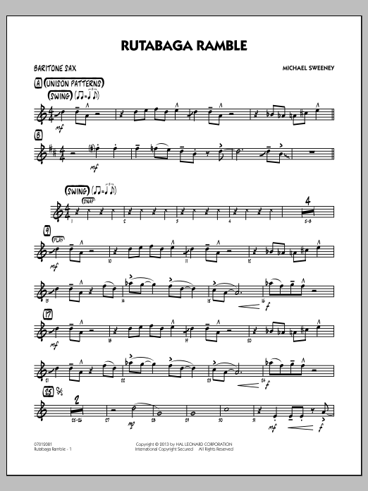 Learn to play Michael Sweeney Rutabaga Ramble - Baritone Sax sheet music for Jazz Ensemble in minutes. Michael Sweeney Rutabaga Ramble - Baritone Sax sheet music notes and chords
