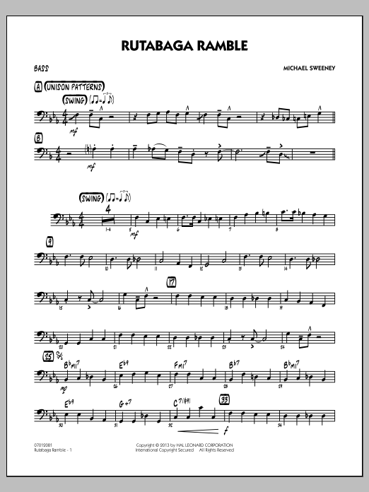 Learn to play Michael Sweeney Rutabaga Ramble - Bass sheet music for Jazz Ensemble in minutes. Michael Sweeney Rutabaga Ramble - Bass sheet music notes and chords