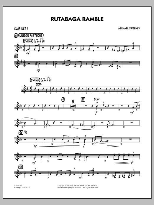 Learn to play Michael Sweeney Rutabaga Ramble - Bb Clarinet 1 sheet music for Jazz Ensemble in minutes. Michael Sweeney Rutabaga Ramble - Bb Clarinet 1 sheet music notes and chords