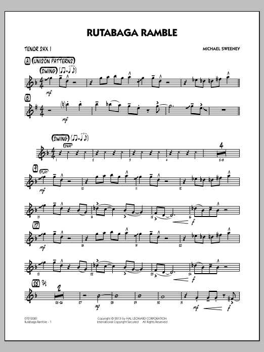 Learn to play Michael Sweeney Rutabaga Ramble - Tenor Sax 1 sheet music for Jazz Ensemble in minutes. Michael Sweeney Rutabaga Ramble - Tenor Sax 1 sheet music notes and chords