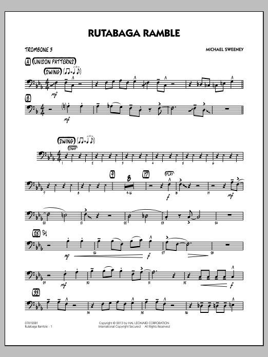 Learn to play Michael Sweeney Rutabaga Ramble - Trombone 3 sheet music for Jazz Ensemble in minutes. Michael Sweeney Rutabaga Ramble - Trombone 3 sheet music notes and chords