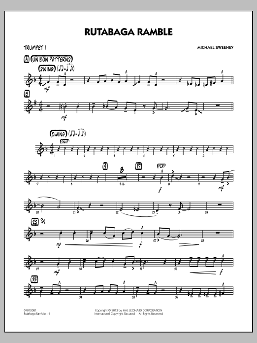 Learn to play Michael Sweeney Rutabaga Ramble - Trumpet 1 sheet music for Jazz Ensemble in minutes. Michael Sweeney Rutabaga Ramble - Trumpet 1 sheet music notes and chords