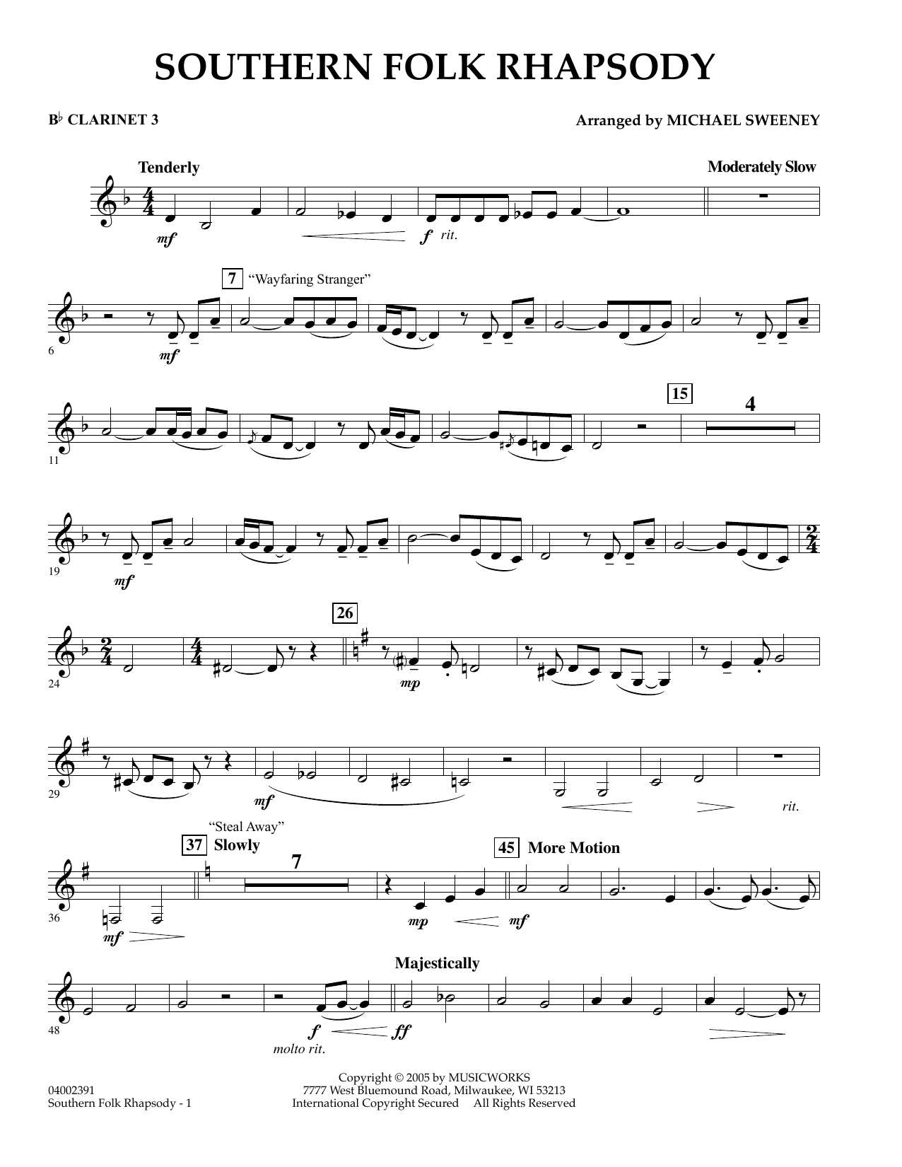 Learn to play Michael Sweeney Southern Folk Rhapsody - Bb Clarinet 3 sheet music for Concert Band in minutes. Michael Sweeney Southern Folk Rhapsody - Bb Clarinet 3 sheet music preview music notes and score for Concert Band including 2 page(s)