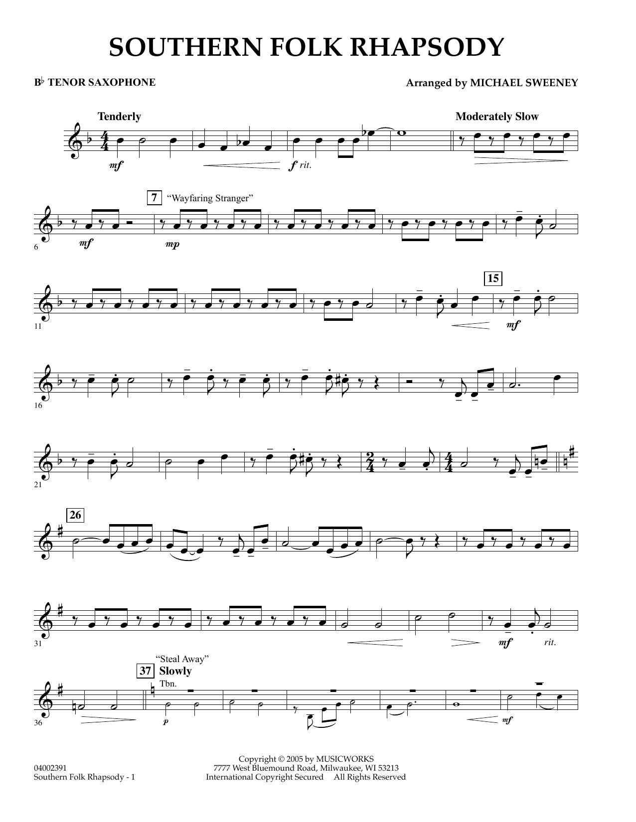 Learn to play Michael Sweeney Southern Folk Rhapsody - Bb Tenor Saxophone sheet music for Concert Band in minutes. Michael Sweeney Southern Folk Rhapsody - Bb Tenor Saxophone sheet music preview music notes and score for Concert Band including 2 page(s)