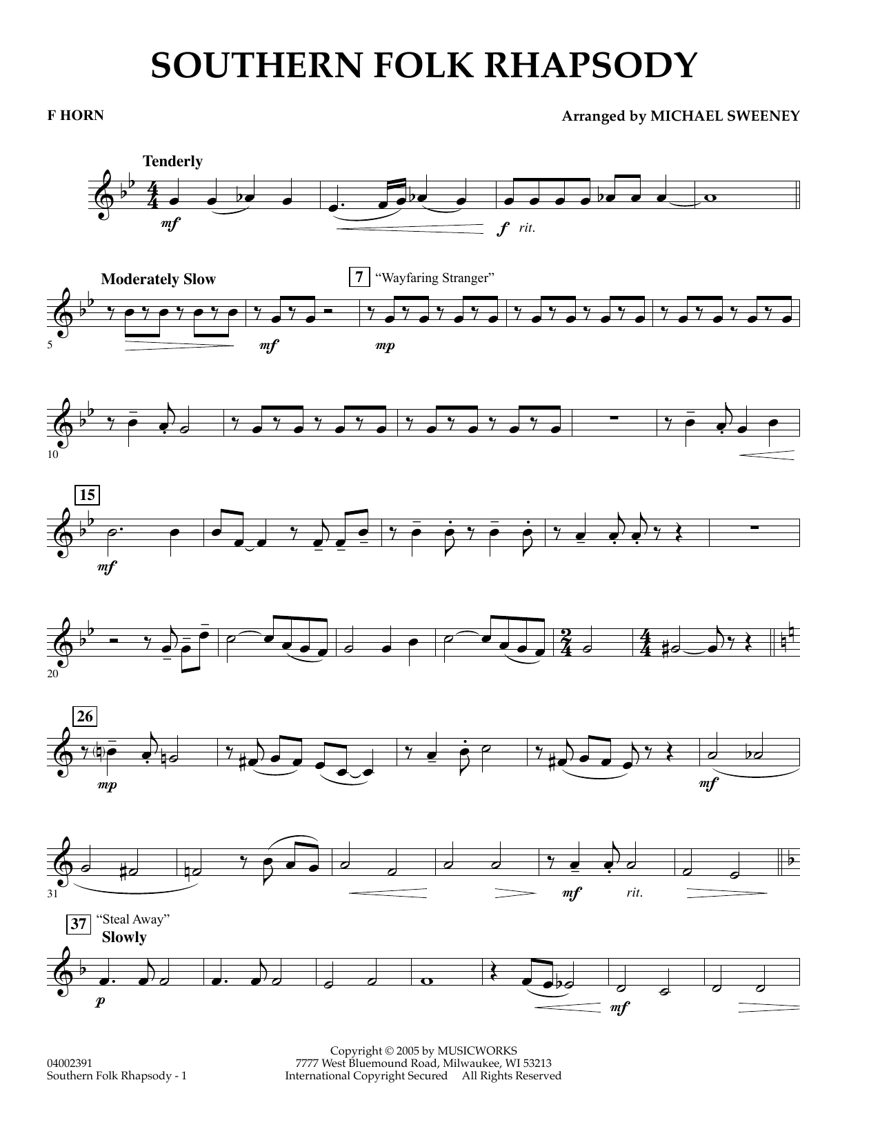 Learn to play Michael Sweeney Southern Folk Rhapsody - F Horn sheet music for Concert Band in minutes. Michael Sweeney Southern Folk Rhapsody - F Horn sheet music preview music notes and score for Concert Band including 2 page(s)