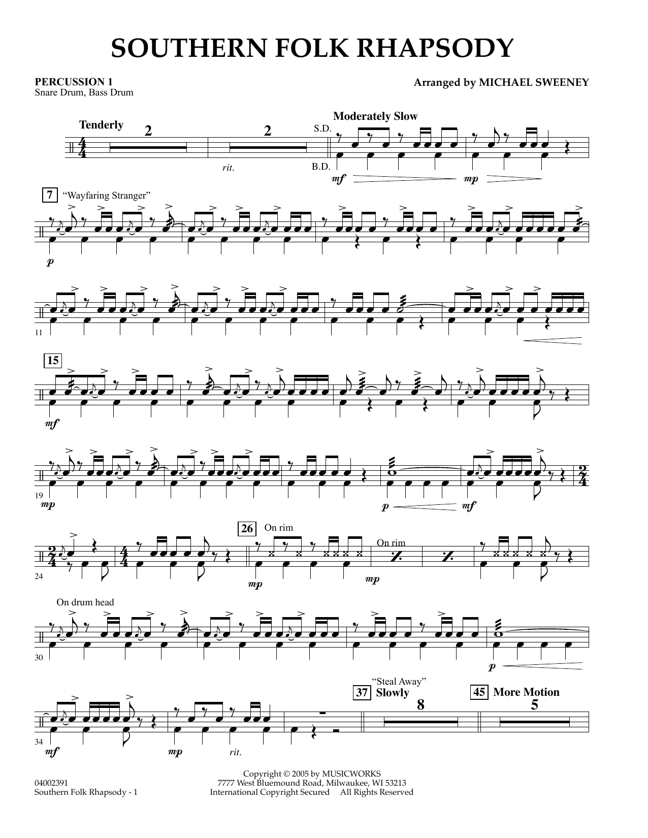 Learn to play Michael Sweeney Southern Folk Rhapsody - Percussion 1 sheet music for Concert Band in minutes. Michael Sweeney Southern Folk Rhapsody - Percussion 1 sheet music preview music notes and score for Concert Band including 2 page(s)