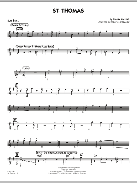 Learn to play Michael Sweeney St. Thomas - Alto Sax 1 sheet music for Jazz Ensemble in minutes. Michael Sweeney St. Thomas - Alto Sax 1 sheet music preview music notes and score for Jazz Ensemble including 2 page(s)