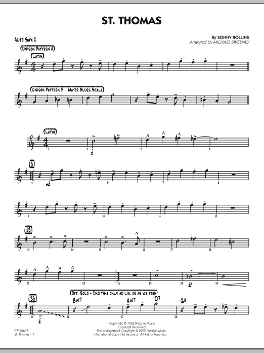 Learn to play Michael Sweeney St. Thomas - Alto Sax 2 sheet music for Jazz Ensemble in minutes. Michael Sweeney St. Thomas - Alto Sax 2 sheet music preview music notes and score for Jazz Ensemble including 2 page(s)