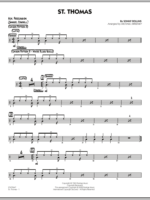 Learn to play Michael Sweeney St. Thomas - Aux Percussion sheet music for Jazz Ensemble in minutes. Michael Sweeney St. Thomas - Aux Percussion sheet music preview music notes and score for Jazz Ensemble including 2 page(s)