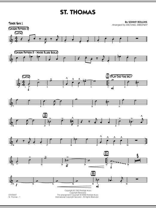 Learn to play Michael Sweeney St. Thomas - Tenor Sax 1 sheet music for Jazz Ensemble in minutes. Michael Sweeney St. Thomas - Tenor Sax 1 sheet music preview music notes and score for Jazz Ensemble including 2 page(s)