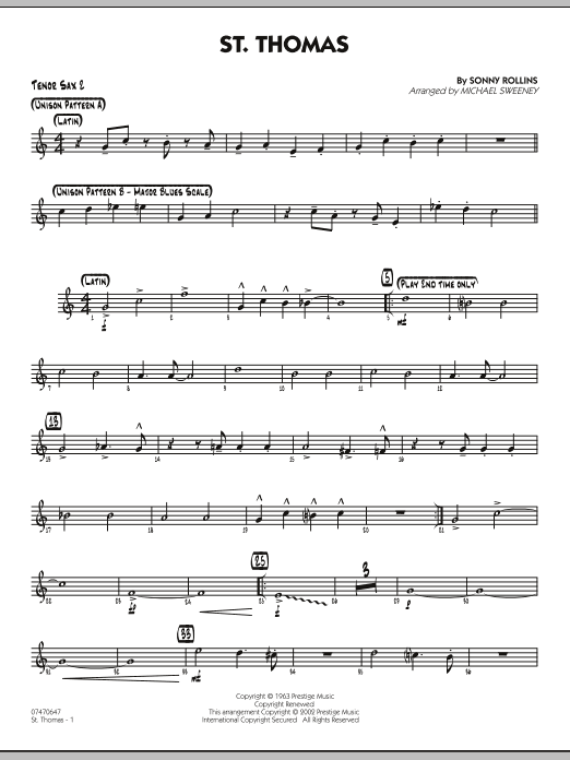 Learn to play Michael Sweeney St. Thomas - Tenor Sax 2 sheet music for Jazz Ensemble in minutes. Michael Sweeney St. Thomas - Tenor Sax 2 sheet music preview music notes and score for Jazz Ensemble including 2 page(s)