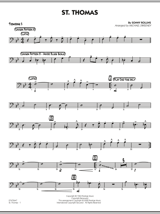 Learn to play Michael Sweeney St. Thomas - Trombone 3 sheet music for Jazz Ensemble in minutes. Michael Sweeney St. Thomas - Trombone 3 sheet music preview music notes and score for Jazz Ensemble including 2 page(s)