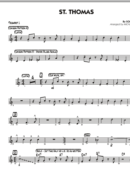 Learn to play Michael Sweeney St. Thomas - Trumpet 1 sheet music for Jazz Ensemble in minutes. Michael Sweeney St. Thomas - Trumpet 1 sheet music preview music notes and score for Jazz Ensemble including 2 page(s)