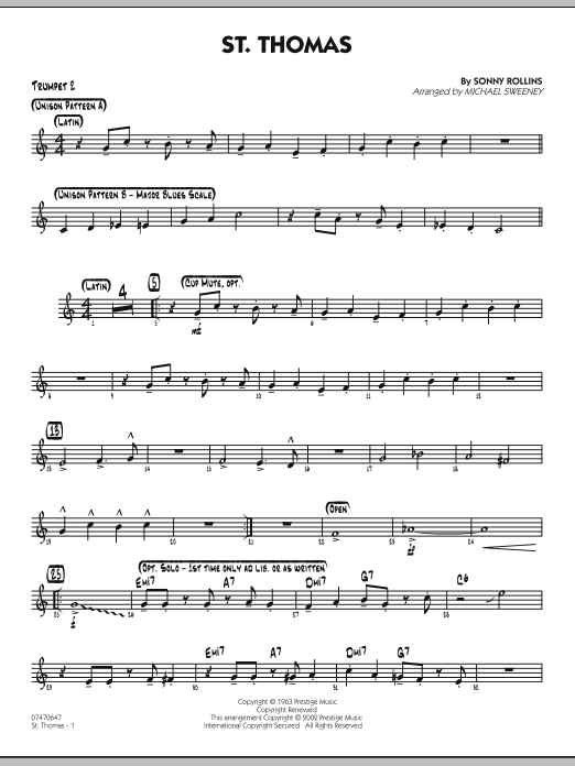 Learn to play Michael Sweeney St. Thomas - Trumpet 2 sheet music for Jazz Ensemble in minutes. Michael Sweeney St. Thomas - Trumpet 2 sheet music preview music notes and score for Jazz Ensemble including 2 page(s)