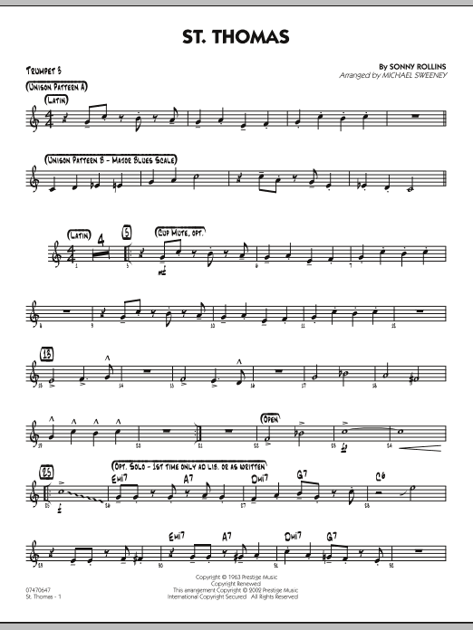 Learn to play Michael Sweeney St. Thomas - Trumpet 3 sheet music for Jazz Ensemble in minutes. Michael Sweeney St. Thomas - Trumpet 3 sheet music preview music notes and score for Jazz Ensemble including 2 page(s)