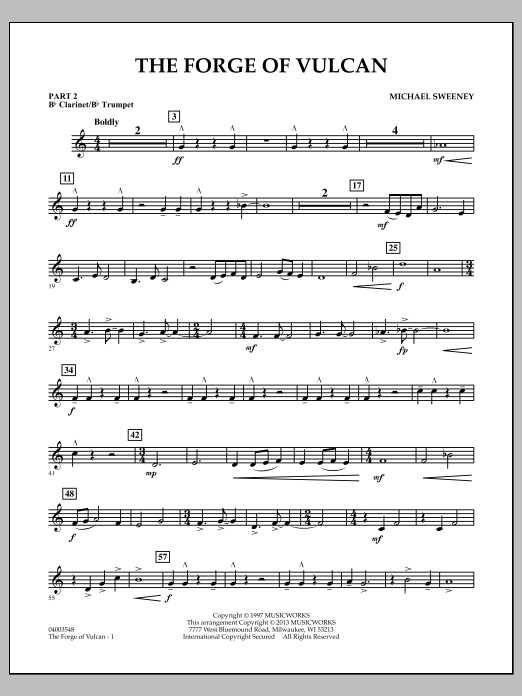 Learn to play Michael Sweeney The Forge of Vulcan - Pt.2 - Bb Clarinet/Bb Trumpet sheet music for Concert Band in minutes. Michael Sweeney The Forge of Vulcan - Pt.2 - Bb Clarinet/Bb Trumpet sheet music notes and chords
