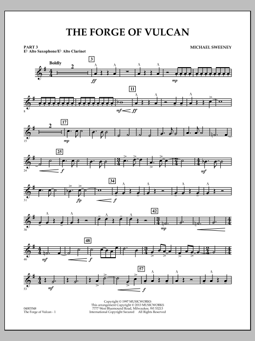 Learn to play Michael Sweeney The Forge of Vulcan - Pt.3 - Eb Alto Sax/Alto Clar. sheet music for Concert Band in minutes. Michael Sweeney The Forge of Vulcan - Pt.3 - Eb Alto Sax/Alto Clar. sheet music notes and chords