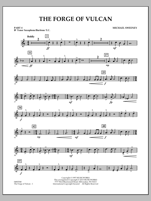 Learn to play Michael Sweeney The Forge of Vulcan - Pt.4 - Bb Tenor Sax/Bar. T.C. sheet music for Concert Band in minutes. Michael Sweeney The Forge of Vulcan - Pt.4 - Bb Tenor Sax/Bar. T.C. sheet music notes and chords