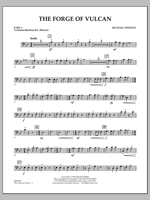 Learn to play Michael Sweeney The Forge of Vulcan - Pt.4 - Trombone/Bar. B.C./Bsn. sheet music for Concert Band in minutes. Michael Sweeney The Forge of Vulcan - Pt.4 - Trombone/Bar. B.C./Bsn. sheet music notes and chords