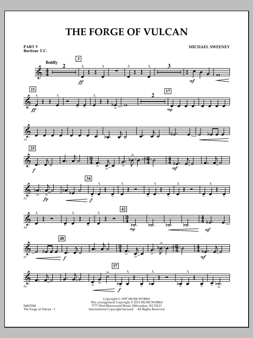 Learn to play Michael Sweeney The Forge of Vulcan - Pt.5 - Baritone T.C. sheet music for Concert Band in minutes. Michael Sweeney The Forge of Vulcan - Pt.5 - Baritone T.C. sheet music notes and chords